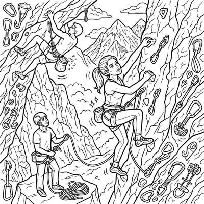 Dive into the exhilarating world of sport climbing with this detailed coloring page, featuring athletes in dynamic poses on a rocky ascent. Perfect for anyone who loves adventure, challenges, and the great outdoors.