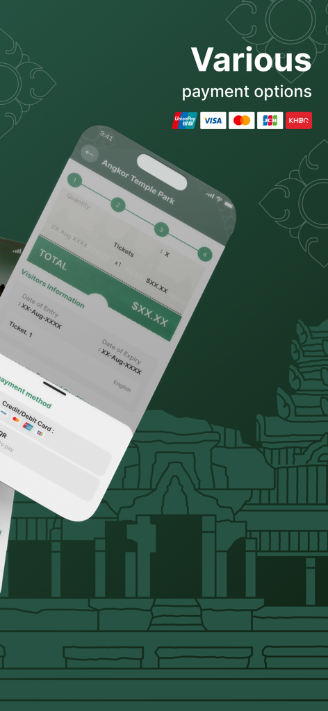 Angkor-Pass - Mobile screen of the Angkor-Pass app showing various payment options including Visa Mastercard and QR code for temple tickets