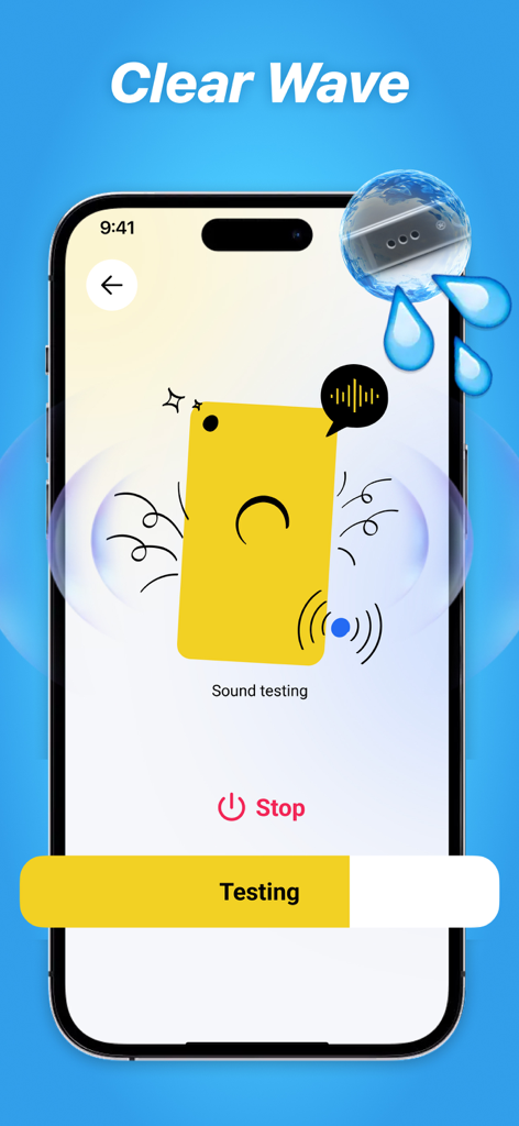 Interfaz de la aplicación Clear Wave realizando una prueba de sonido de altavoz