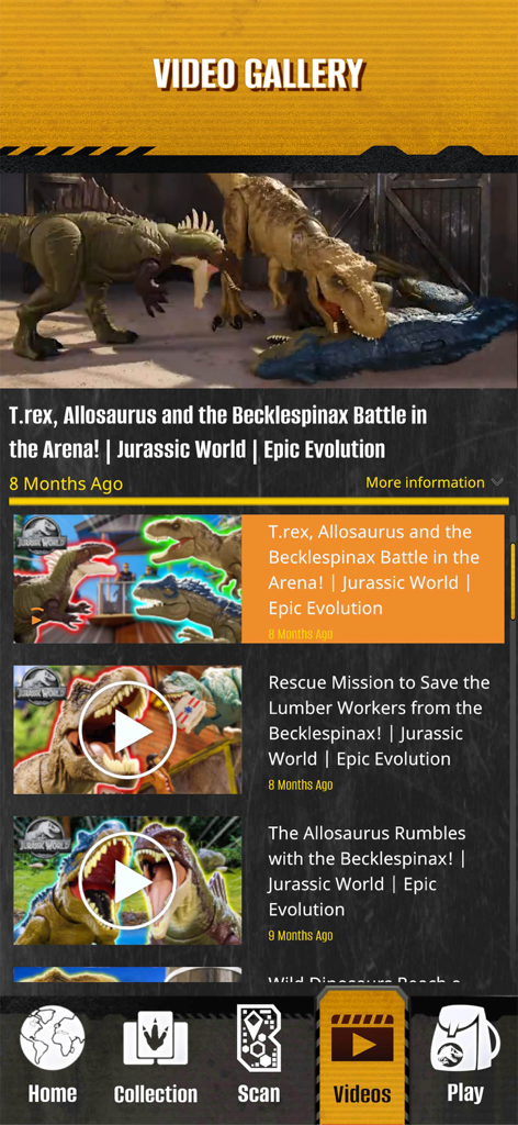 Video gallery within the Jurassic World Play app featuring dinosaur battle clips