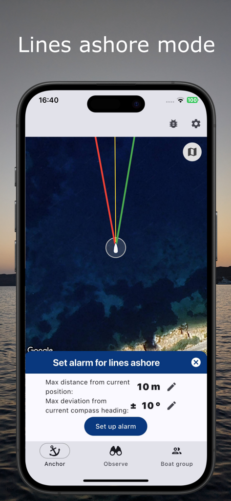 Anchor Easy: GPS Anchor Alarm - Smartphone screen showing the lines ashore alarm setup with compass heading and distance parameters in the Anchor Easy app