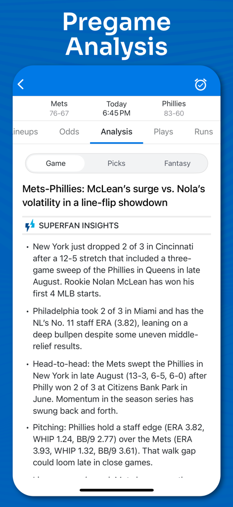 Superfan Sports MLB Voranalyse-Bildschirm zeigt Spiel-Einblicke und Pitching-Statistiken für Wetten und Fantasy-Baseball
