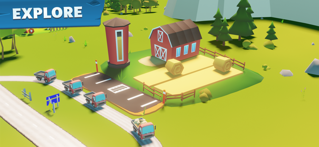 Several red trucks transporting cargo on a road near a barn and silo in a simulation game