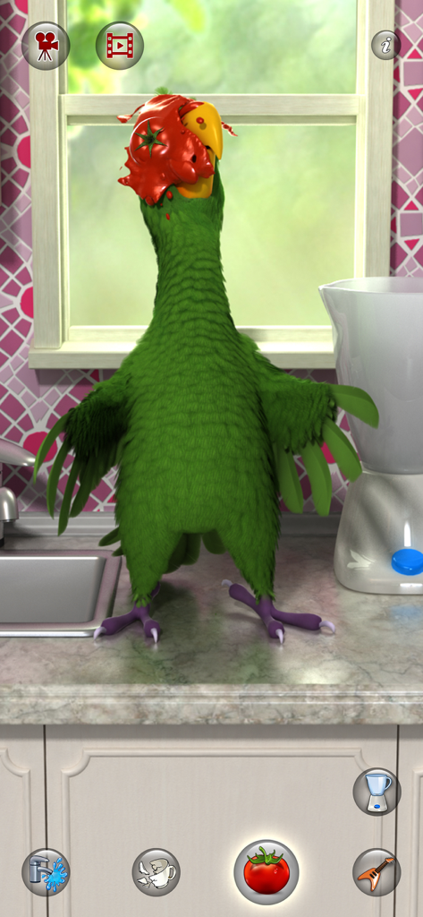 Talking Pierre the parrot with a tomato splattered on his face in a virtual kitchen environment.