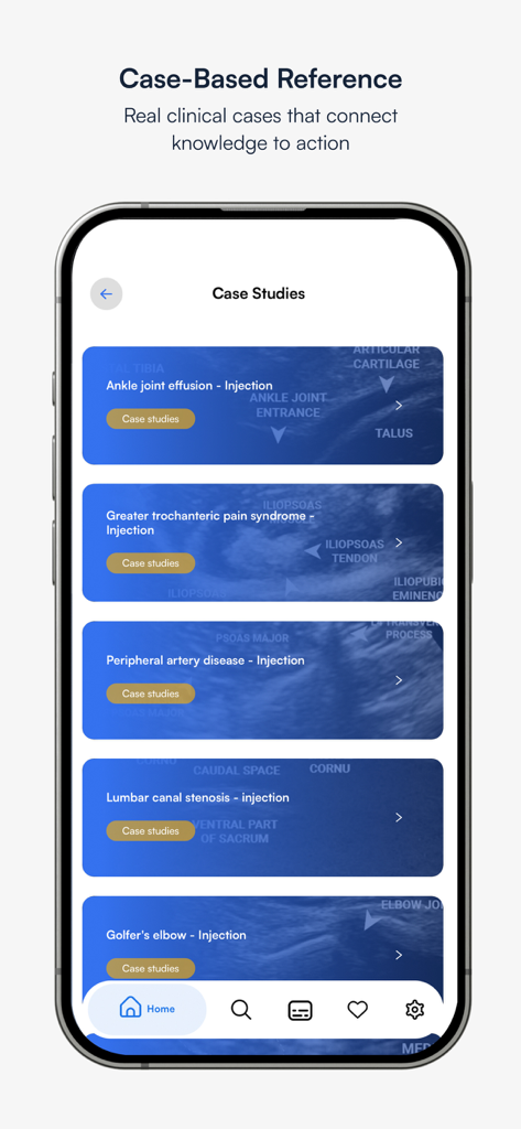 NYSORA Ultrasound Pain - Screenshot der NYSORA Ultrasound Pain App, der klinische Fallstudien für verschiedene medizinische Verfahren, einschließlich Sprunggelenks- und Lendenwirbelsäuleninjektionen, anzeigt.