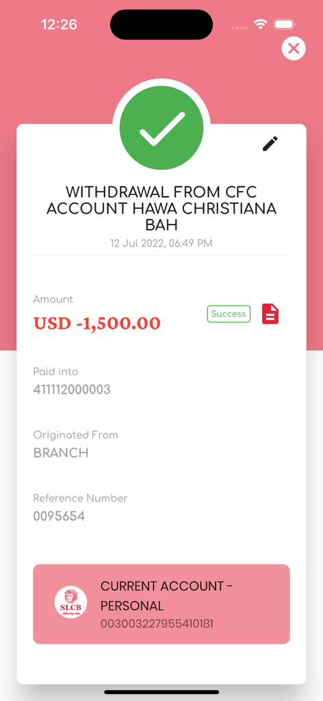 SLCB - A successful transaction receipt for a USD withdrawal on the SLCB mobile banking app