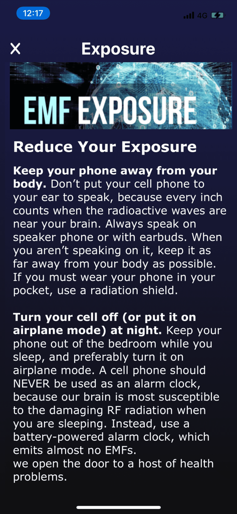 Informational screen with tips to reduce EMF exposure from smartphones