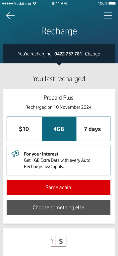 Una schermata mobile dell'app My Vodafone Australia che mostra le opzioni di ricarica prepagata e i dettagli delle transazioni recenti.
