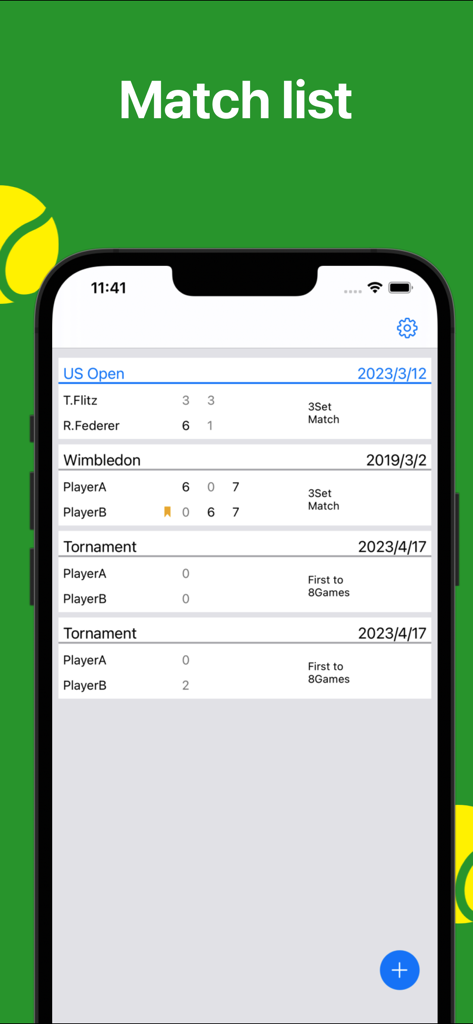 スコアとプレイヤーの詳細を含む履歴テニス試合のリストを表示するモバイルアプリ画面