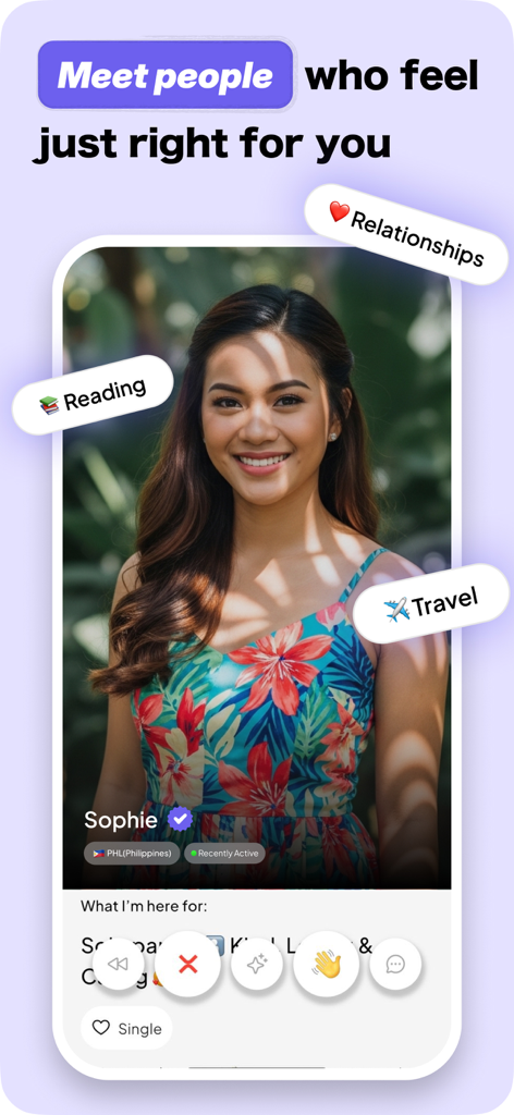 A user profile on the Oodle dating app showing a woman from the Philippines with interests in reading and travel