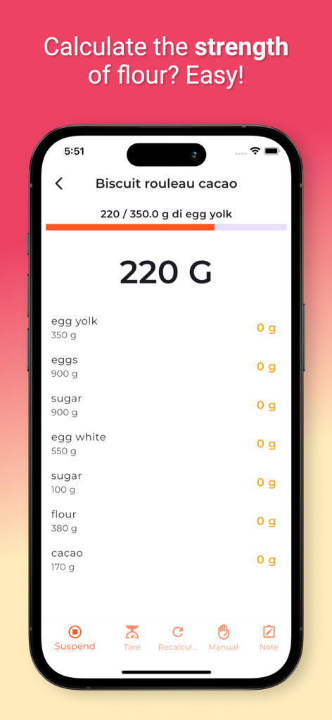 Interfaz de la aplicación Pocket Chef que muestra el pesaje y seguimiento de ingredientes en tiempo real para una receta de repostería profesional