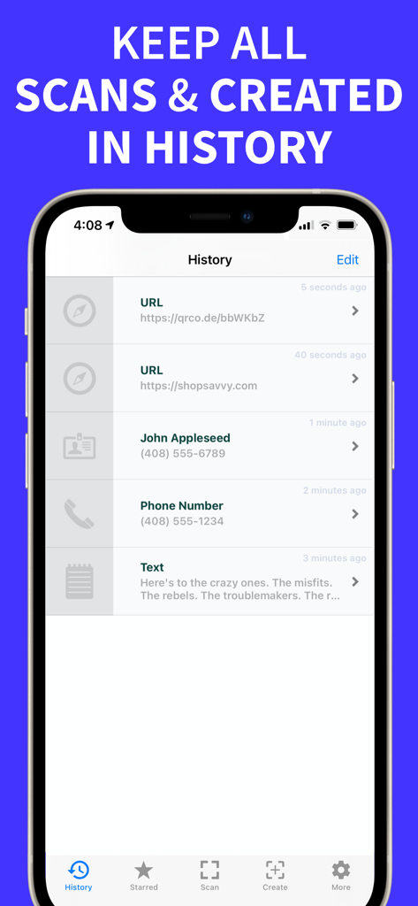 QR Code Reader & Code Scanner - Capture d'écran montrant l'historique des codes QR scannés et créés, y compris les URL et les informations de contact.