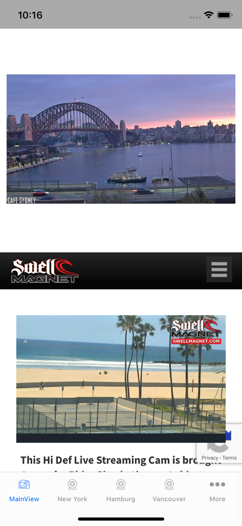 Webcam World Viewer - Screenshot of Webcam World Viewer app showing live camera feeds of Sydney Harbour Bridge and a beach scene