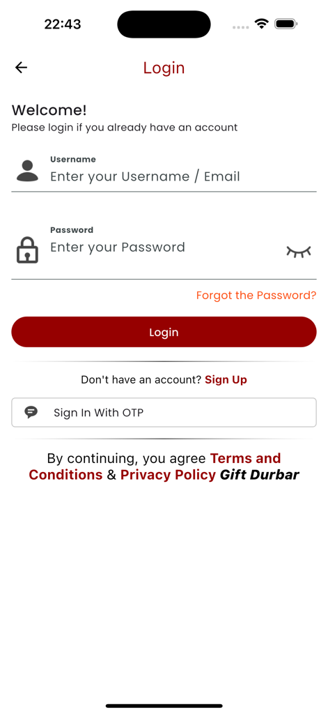 Gift Durbar - Pantalla de inicio de sesión de la aplicación Gift Durbar con campos para nombre de usuario y contraseña, además de una opción para iniciar sesión con OTP