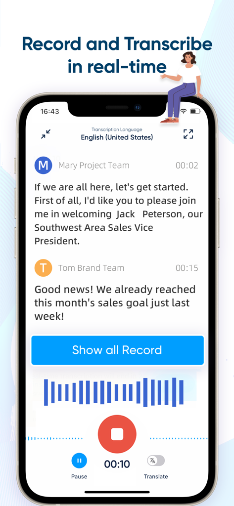 iRecord app screen showing real-time voice transcription with speaker identification and audio waveform