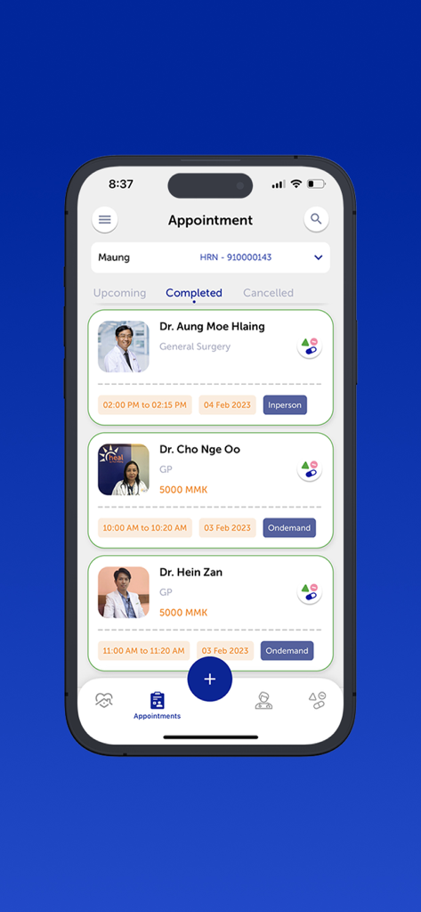 heal by Pun Hlaing - Pun Hlaingのhealアプリでの完了した医療予約のリスト。