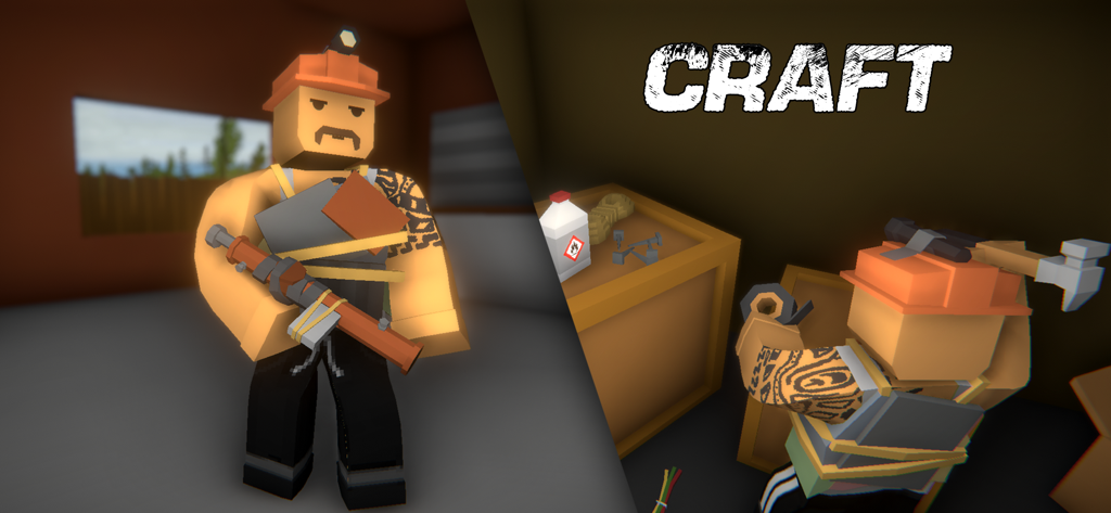 The Outlands 2 Zombie Survival - Un personaje low-poly creando objetos en un banco de trabajo de madera en un entorno de juego de supervivencia.