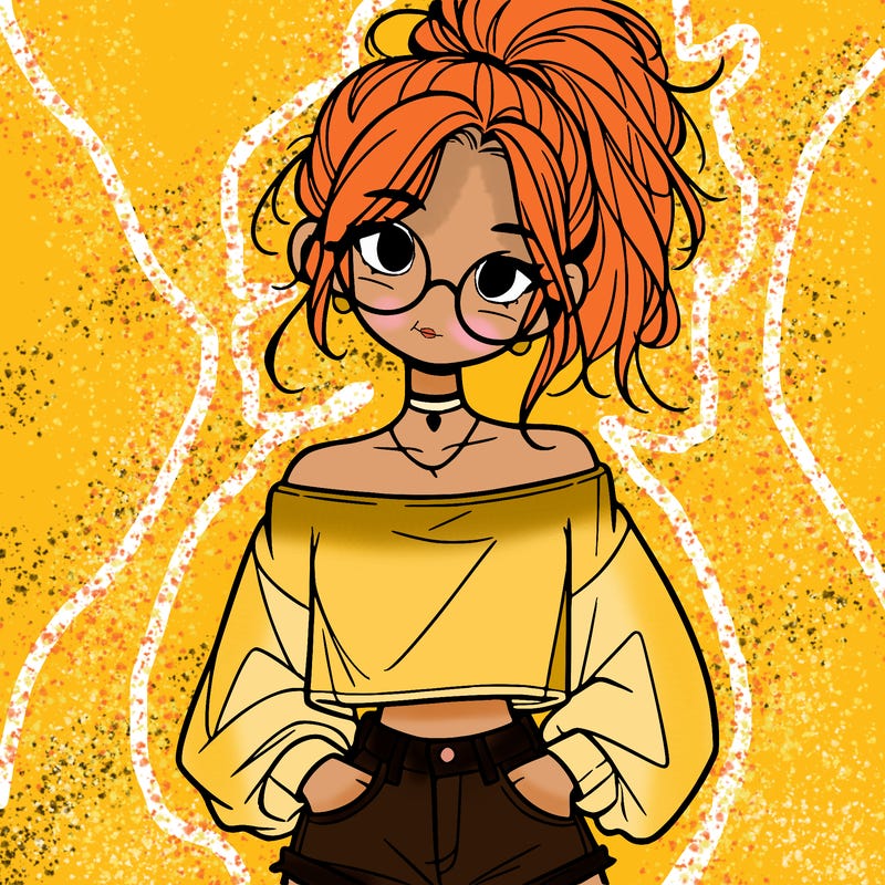 girl with a messy ponytail glasses a baggy crop top and jean shorts