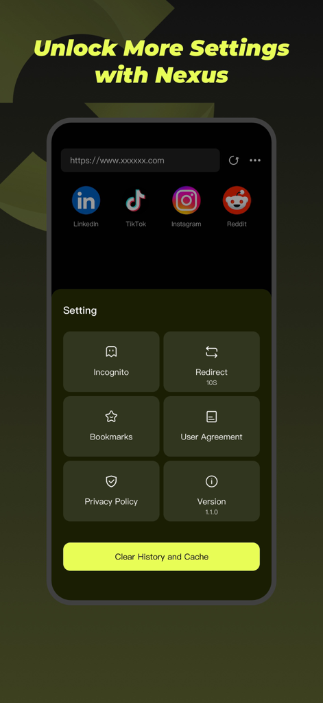 Nexus-Privacy First - Pantalla de configuración de la aplicación Nexus que muestra opciones de modo incógnito y un botón para borrar el historial.