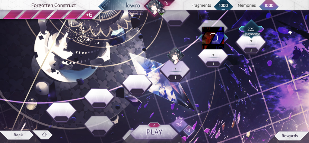 A screenshot of the Arcaea mobile rhythm game showing the Forgotten Construct world map with hexagonal progression tiles.
