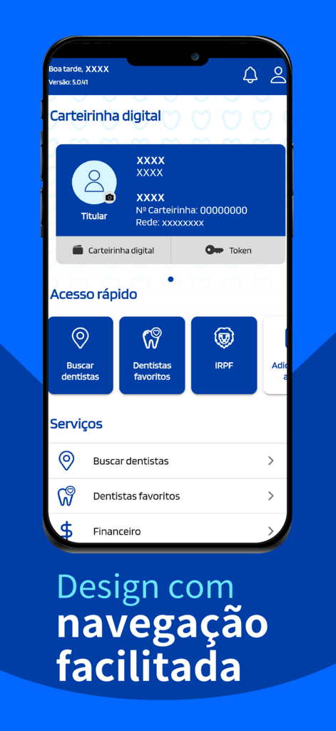 Interfaz de la aplicación Odontoprev que muestra una tarjeta de seguro dental digital y un menú de navegación de acceso rápido