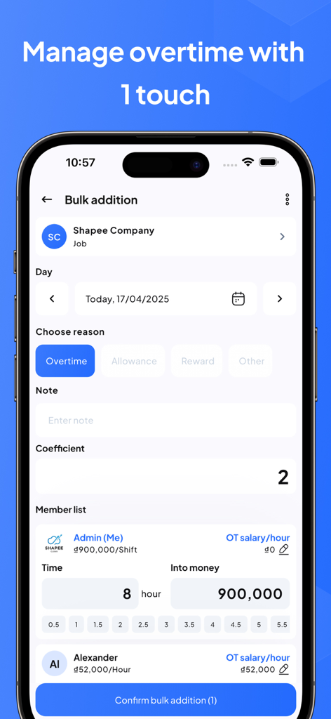 Timesheet & Payroll: EzWork - 직원 초과 근무 시간 및 급여 계산을 관리하기 위한 일괄 추가 화면을 보여주는 EzWork 모바일 앱 인터페이스