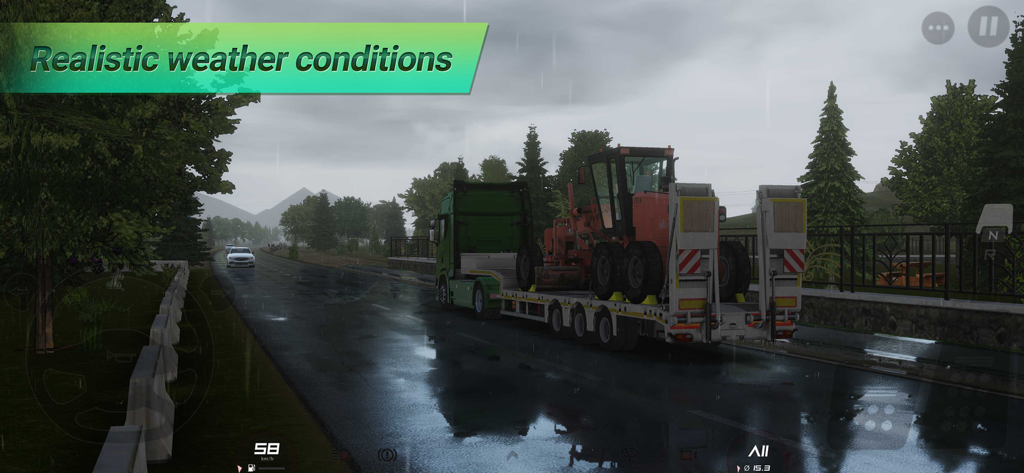 A green truck hauling heavy machinery on a wet road during a rainy day in the Truckers of Europe 3 simulation game.