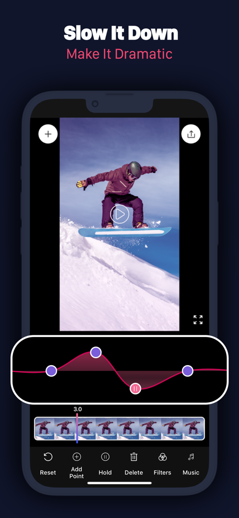 Interfaccia dell'app mobile per l'editing della velocità video con una curva personalizzata per una clip di snowboard