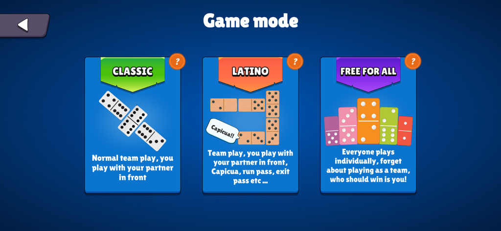 Dominoes Republic - Pantalla de selección que muestra los modos de juego Clásico, Latino y Todos Contra Todos en Dominoes Republic
