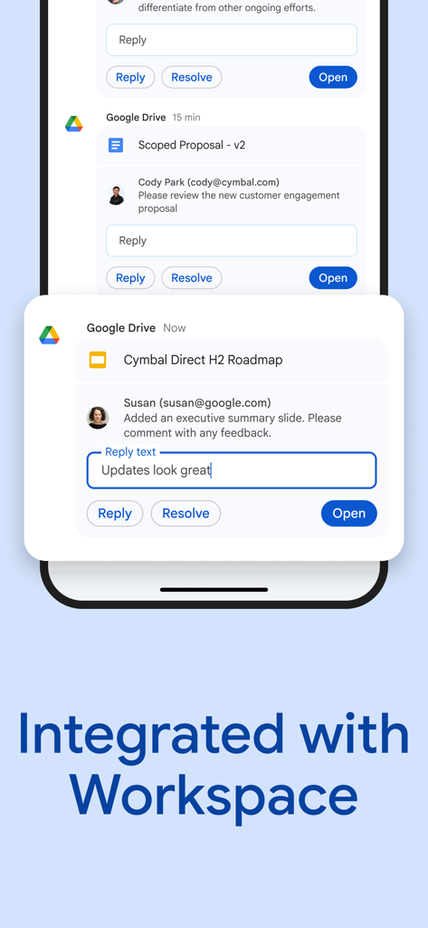 문서 댓글에 회신하기 위해 Google 드라이브와 통합된 Google Chat을 보여주는 모바일 화면.