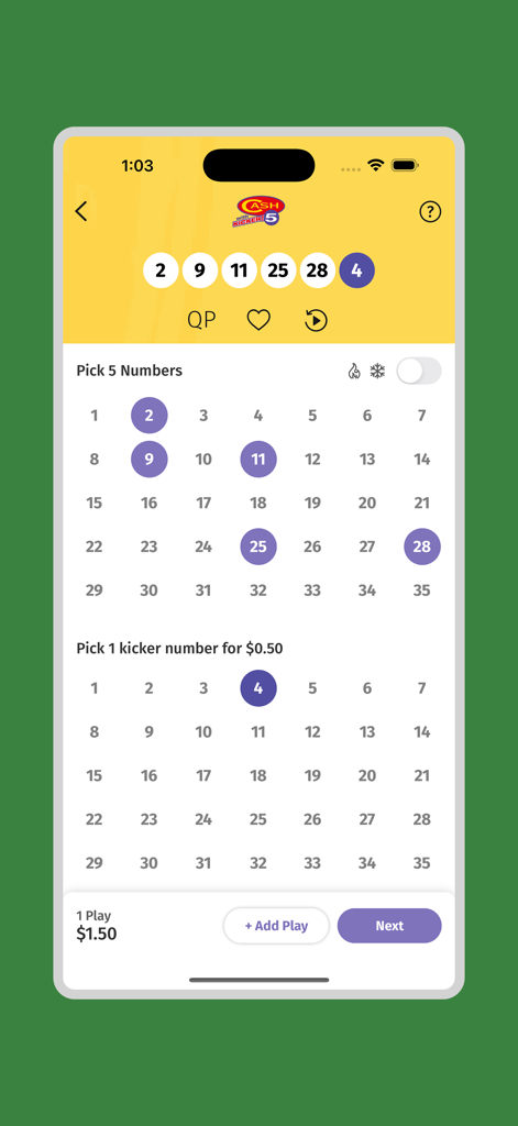 CT Lottery - A mobile screen of the Connecticut Lottery app showing the number selection interface for the Cash 5 with Kicker game