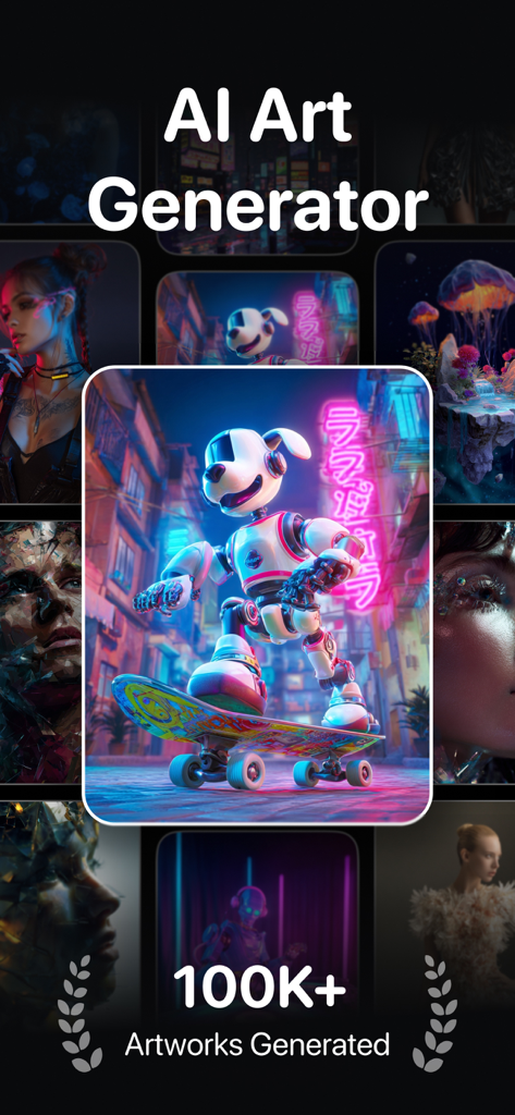 Prompts for Midjourney AI: MLX - AI art generator mobile app interface displaying a gallery of high quality digital artwork and a milestone of over 100K artworks generated