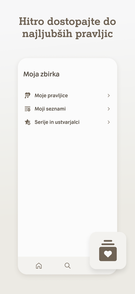 Lahkonočnice - Mobile app interface showing the favorites collection menu for bedtime stories and custom audio playlists.