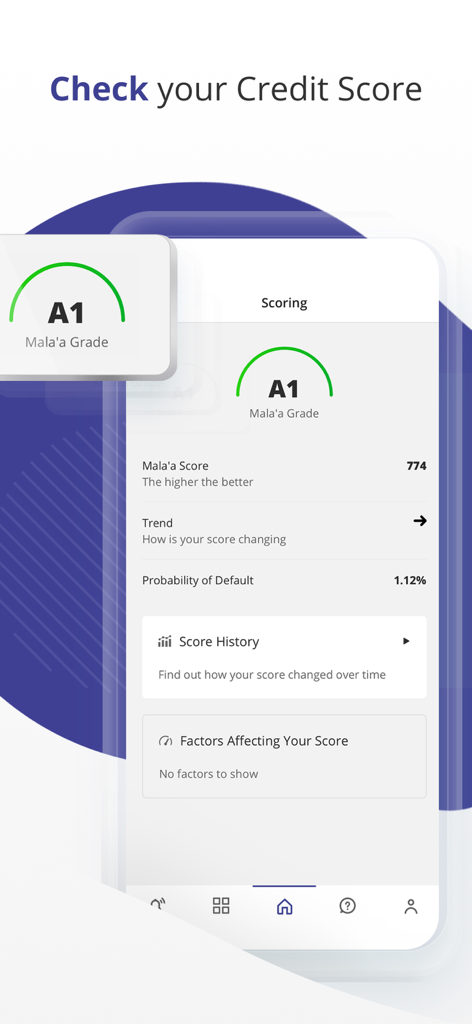 Mala’ati app screen showing credit score and financial grade for Omani residents.