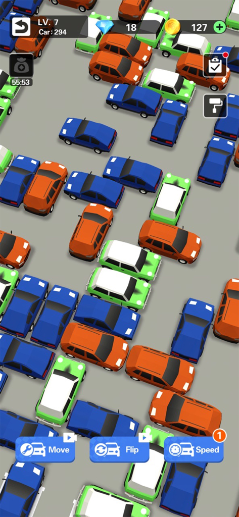 Crazy Parking Car Master - Una vista desde arriba de un aparcamiento abarrotado con coches de colores en un puzle de tráfico