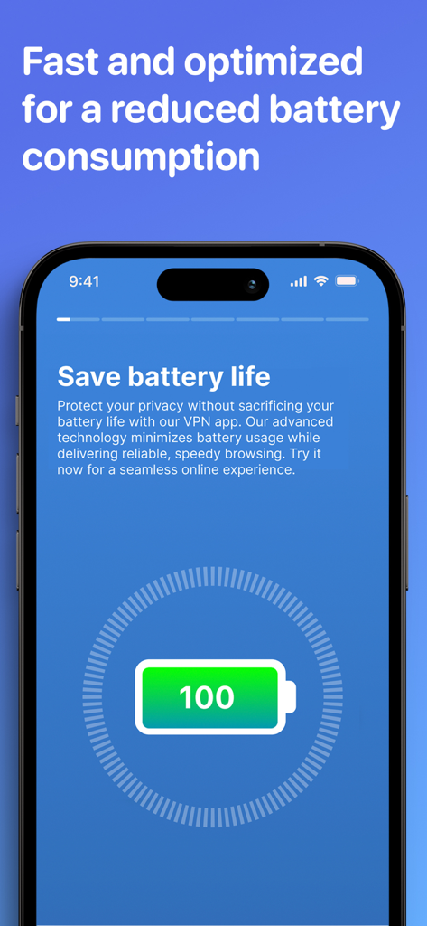 Screenshot dell'app Lockdown Privacy che mostra le funzionalità di risparmio della batteria e un'esperienza VPN ottimizzata
