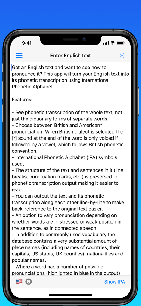 Text input screen of the toPhonetics Converter app showing features like IPA transcription and dialect selection.