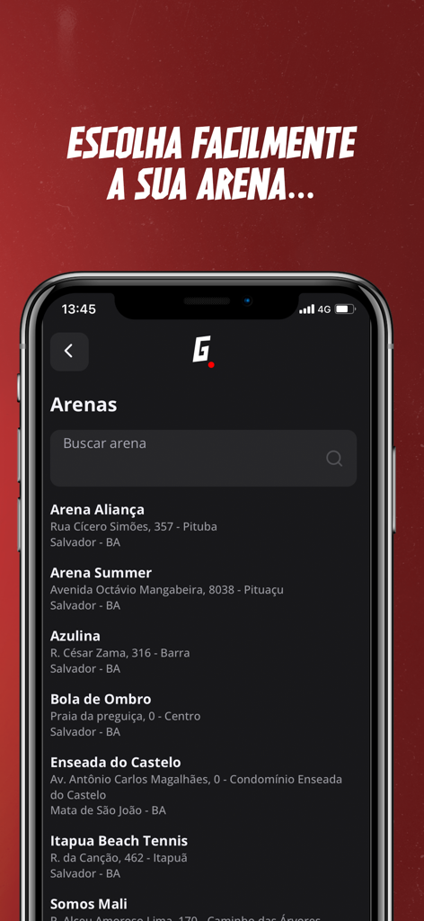 Gravae mobile app interface showing a searchable list of sports arenas for recording highlights