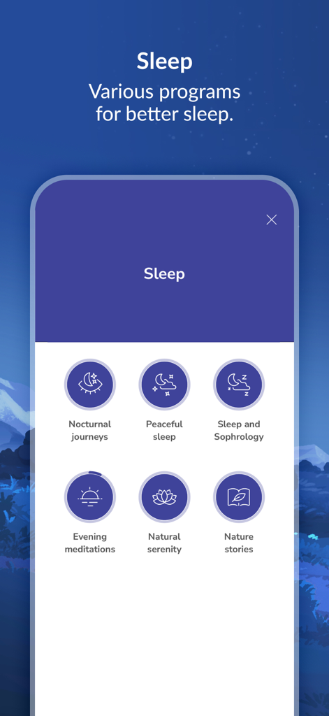 Interfaz de la app Petit BamBou que muestra varios programas de sueño como viajes nocturnos y cuentos de la naturaleza
