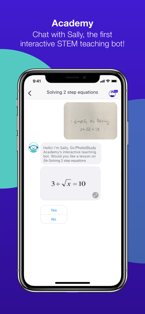 PhotoStudy - Live Study Help - A mobile phone screen showing the PhotoStudy Academy feature where an interactive STEM teaching bot named Sally helps a student solve a math equation.