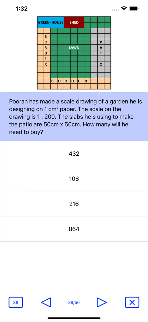 GCSE Maths : Geometry Lite - Pregunta de práctica de geometría que presenta un dibujo a escala de un jardín y respuestas de opción múltiple.