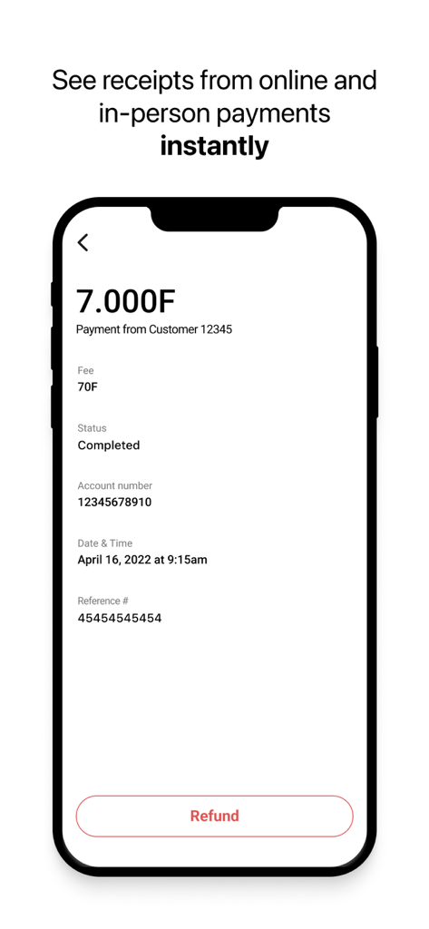 Screenshot dell'app mobile Wave Business che mostra una ricevuta di pagamento digitale completata con dettagli della transazione e un pulsante di rimborso