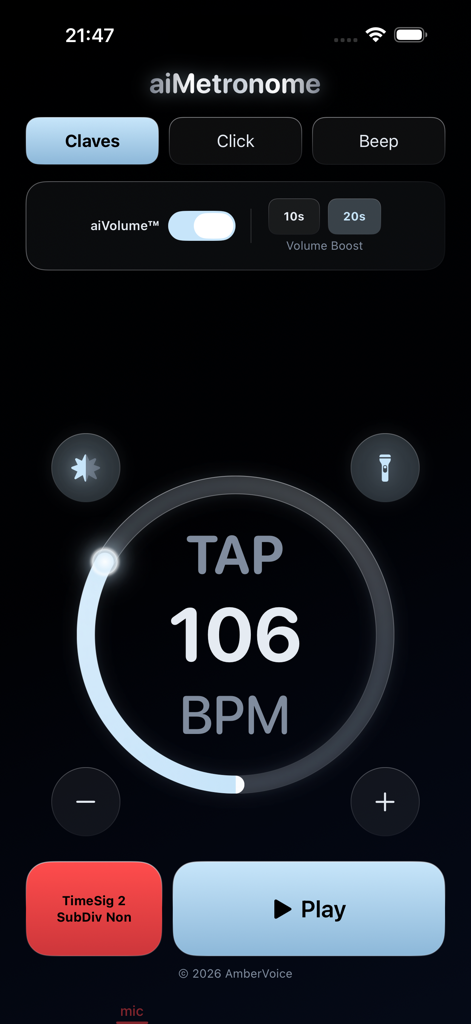 aiMetronome - Main interface of the aiMetronome app featuring a BPM dial sound selection and the adaptive iVolume toggle