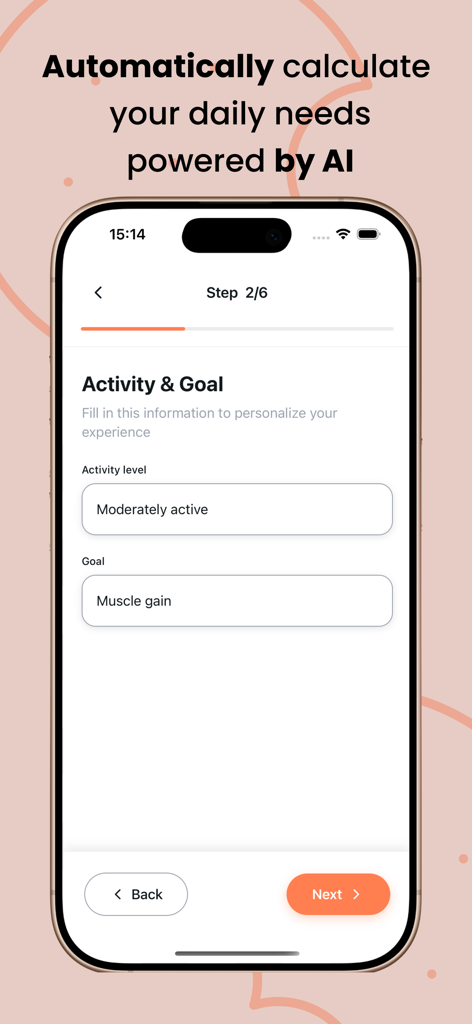 Flavora - Flavora app interface for setting fitness goals and activity levels to calculate daily needs with AI