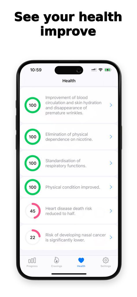 Quit Snus - Mobile app interface showing health recovery progress rings and benefits after quitting smokeless tobacco
