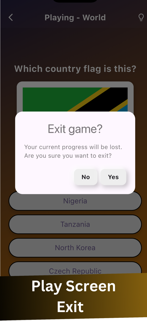 Flags of All World Country - Exit game confirmation popup on a flag trivia quiz screen