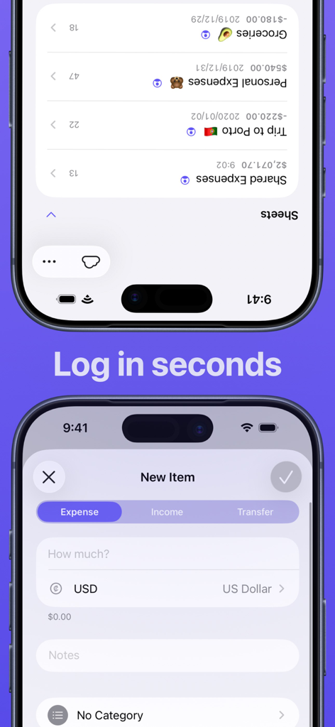iPhone interface of the Expenses spending tracker app showing organized sheets and the new item logging screen.