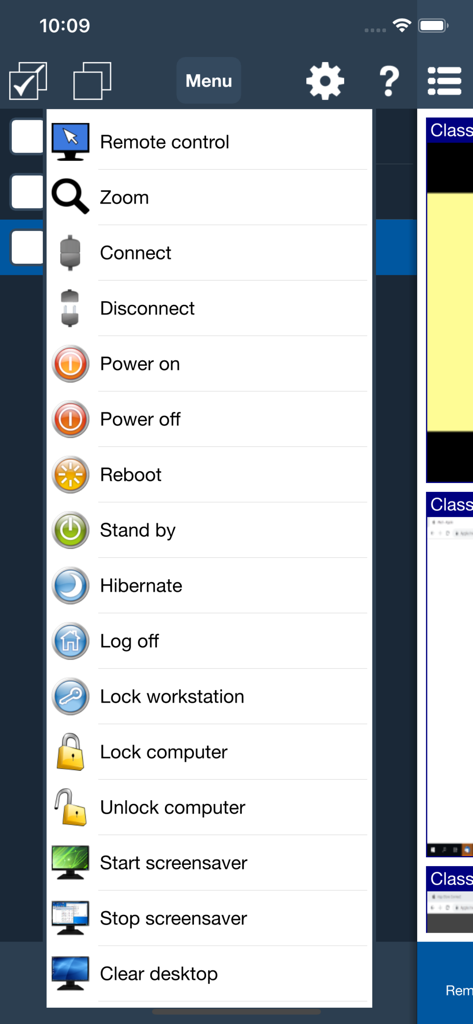 Classroom Spy - Classroom Spy app interface displaying a menu of remote control and computer management actions for teachers.