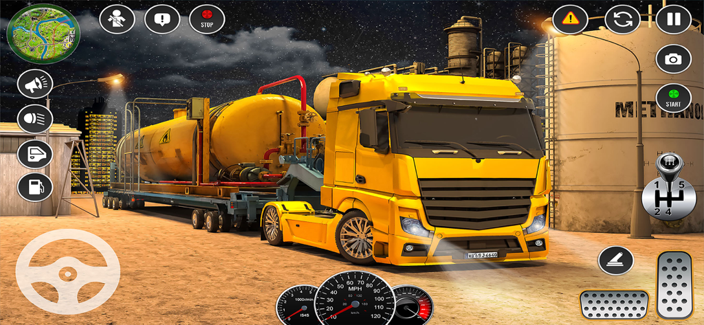 Oil Tanker Euro Truck 3D Games - A yellow oil tanker truck in a 3D driving simulation game at night with on-screen driving controls.
