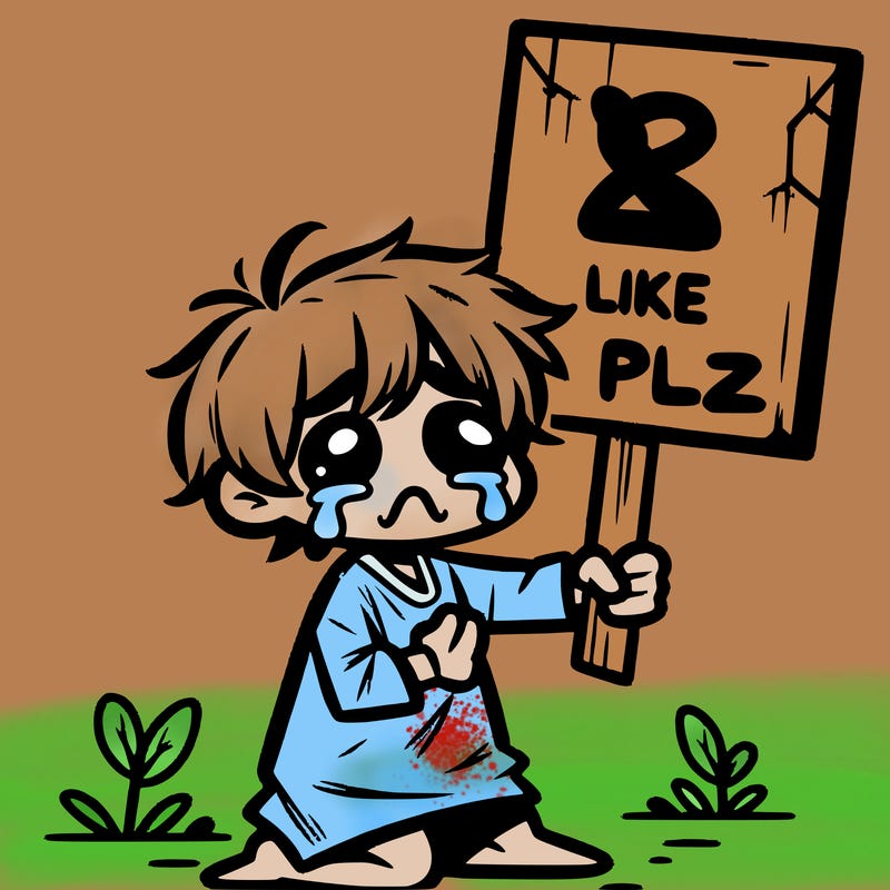 small poor toddler crying with sign that says 2 like plz